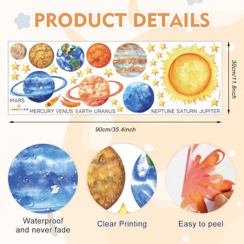 HLNIUC Solar System Wall Sticker Peel and Stick 35¡±x12¡±Kids Space Planets Wall Decal Science Education Window Clings Planet Starry Sky Self Adhesive Room Stickers Outer Space Room Decals for Classroom