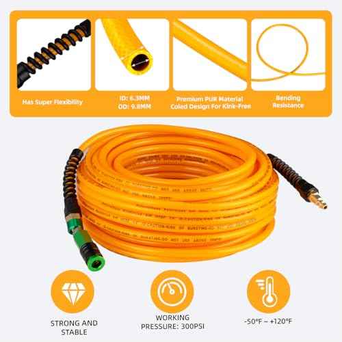 Yolass Air Compressor Hose 1/4¡±x100 ft Yellow Transparent Flexible Reinforced Polyurethane (pu) Air Hose with 1/4"360 Swivel Coupler and Air Hook,Bend Limiter