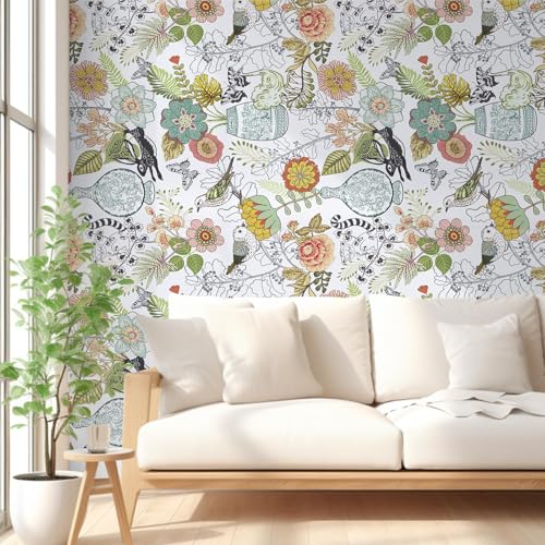 Decoroom Boho Floral Peel and Stick Wallpaper, Ainmals Birds Flower Contact Paper, Thicken Self Adhesive Removable Green Wall Paper for Wall Shelf Liner Drawer 17.7" X 118"
