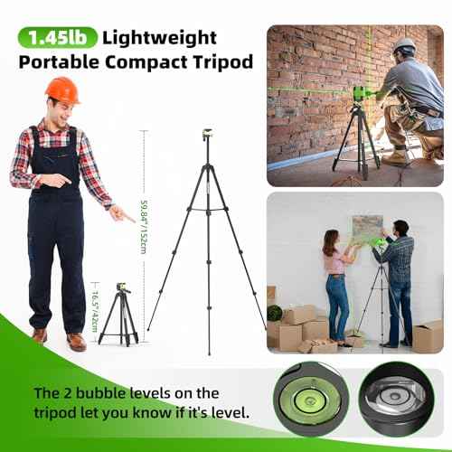 Laser Level with 60in Tripod, HUEPAR 98Ft Self Leveling Laser Level Green Line Laser Cross Line Laser Leveler Tool for Picture Hanging, Tile, Home Renovation, Indoor Project, Battery&Goggles Included