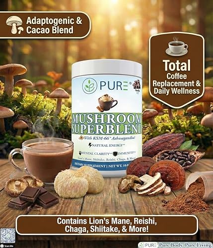 PURE® Mushroom Superblend - 30 Servings - 2000mg Lion’s Mane with KSM-66® Ashwagandha & Organic Cacao - Caffeine-Free Focus, Memory & Stress Relief Morning Ritual - Made in USA