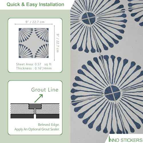 16-Sheet Peel and Stick Floor and Wall Tile, 9" x 9" Blue Stone Composite Self Adhesive Vinyl Flooring, Patterned Flower Groutble Backsplash Tile for Kitchen Bathroom Shower