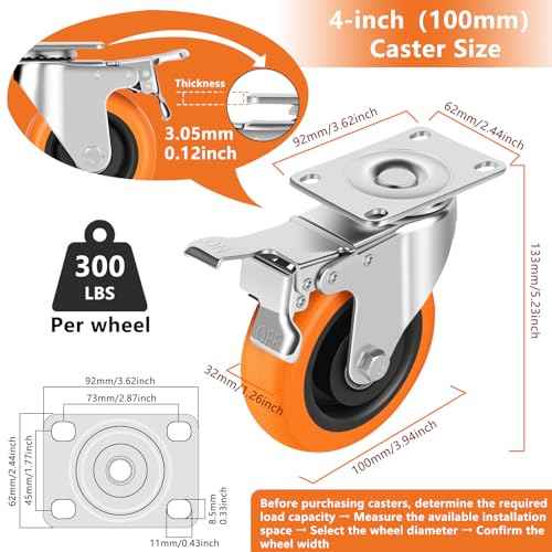 Caster Wheels, 4" Casters Set of 8 Heavy Duty - Update Dual Locking Casters with ON/OFF Tabs (Easier to Operate), Swivel Plate Caster, No Marks Castor Wheels for Carts Furniture and Workbench