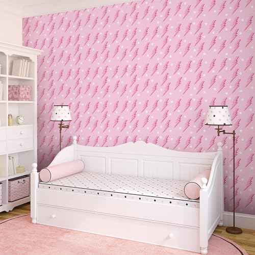 Kosiz Preppy Peel and Stick Wallpaper, Hot Pink Removable Classroom Wallpaper, Pink Preppy Lightning Dorm Paper, Aesthetic Photography Background for School Bedroom Wall Decor 17.7 x 118''