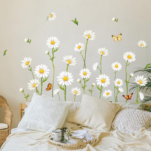 Spring Daisy Flower Wall Decal Spring White Daisy Flower Butterfly Wall Stickers Peel and Stick Room Mural Decals for Summer Party Home Nursery Bedroom Living Room Classroom Decor