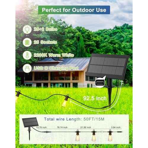 Solar String Lights Outdoor Waterproof 50FT with USB Port and 27 Shatterproof ST38 Bulbs(2 Spare), LED Solar Powered Patio Lights for Outside, Porch, Backyard, Bistro, Garden, Market - 2200K