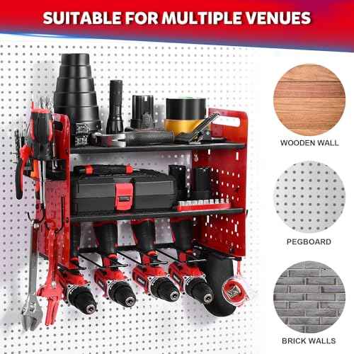 Power Tool Organizer Wall Mount, 3 Layer Shelves Storage with 4 Drill Holders Wall Mount/Drill Bit/Screwdriver Rack, 4 Hooks for Garage, Workshop, Tool Room