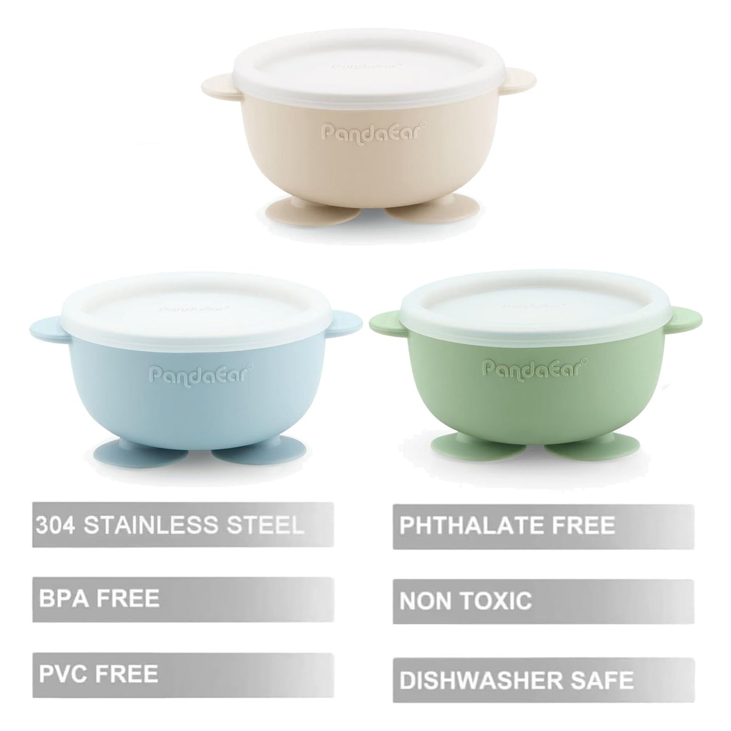 PandaEar 3 Pack Stainless Steel Baby Suction Bowls, Non-Slip Child Food Bowl with Silicone Sleeve for Kids Toddlers Infants, Unbreakable & Mess Free (Blue Green Beige, With Lids)