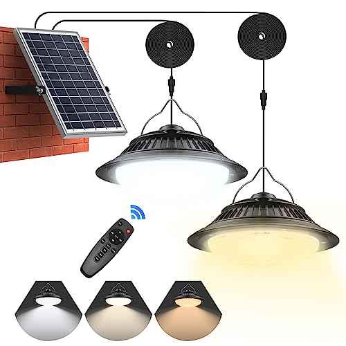 Solar Pendant Light Motion Sensor 2 Pack, 5 Modes 3200K/4000K/6000K Dimmable Shed Lights With ON/Off Switch & Remote, Daytime Available Hanging Chandelier Lights Indoor/Outdoor Home