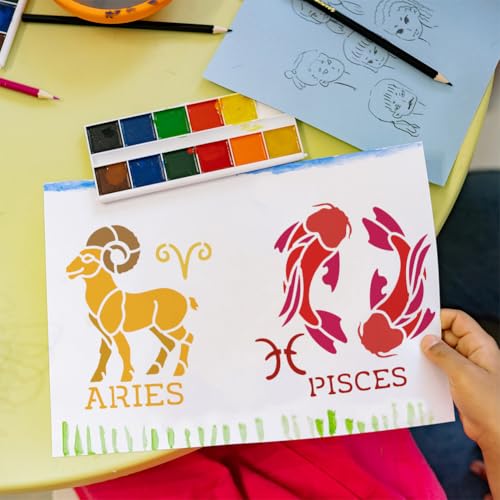 FINGERINSPIRE 12 PCS Twelve Zodiac Figures Stencil with Brush 5.9x5.9inch Zodiac Constellation Symbols Stencil Decoration Fantasy Theme Template for Painting on Wood Canvas Fabric Wall Furniture