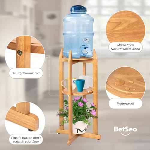 Natural Solid Wood Water Dispenser Stand (32.8"Hight-11.2"Wide) Ceramic Water Dispenser Floor Stand, 5 Gallon Water Jug Stand with 2 Round Shelfs Included for 1-5 Gallon Water Bottles/Crocks/Water Jug