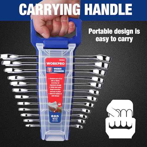 WORKPRO 2-Piece Wrench Organizer, 24-Slot Plastic Holder Set With Lock Cover, Metric & SAE Compatibility (Up To 19mm or 7/8), Premium Quality Rack Tool Trays With Carrying Handle