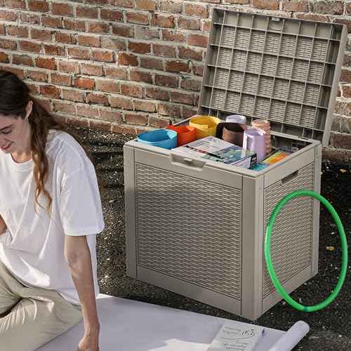 DWVO 32 Gallon Indoor Outdoor Storage Box, Resin Rattan Small Deck Box for Patio Furniture, Cushions, Garden Tools, Sports Equipment,Brown