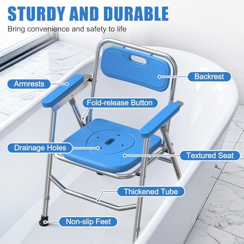 Shower Chair for Elderly & Disabled, Stainless Steel Foldable Shower Seat with Arm and Back, Height Adjustable Safety Bath Seat for Inside Shower, Shower Seat for Bathtub, 500lbs Capacity