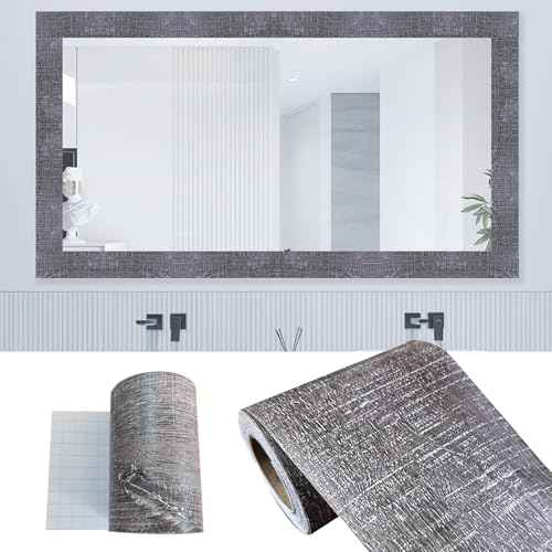 32.8Ft Gray Wood Grain PVC Wallpaper Border, Removable Waterproof Mirror Border Peel and Stick,Bathroom Mirror Frame Border (3.97inch)