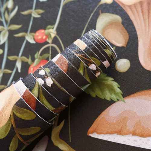 Mushroom Wallpaper Peel and Stick Textured?Boho Contact Paper Removable Vintage Forest Stick on Wallpaper Self Adhesive for Bedroom Bathroom, Black Green Brown White, 17.3 x 79 inch