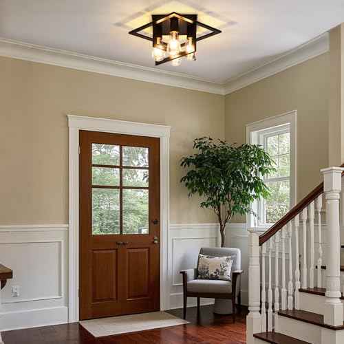 4 Light Industrial Ceiling Light Black Semi Flush Mount Lights Close to Ceiling Light Fixtures,frame cage design Farmhouse Ceiling Lighting for Kitchen Bedroom Bathroom Foyer Hallway (E26, 1Pack)