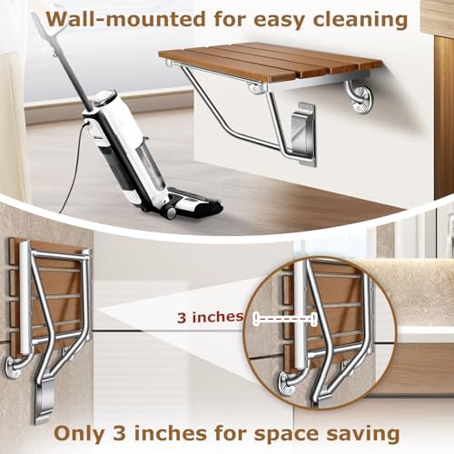 Folding Shower Seat Wall Mounted 20" with Stainless Steel Bracket, Structural Stability, 500 lb Capacity, Space-Saving, Teak Shower Bench for The Elderly, Disabled, Pregnant Individuals, Children