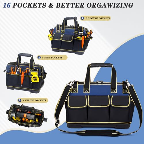 20 Inch Heavy duty tool bag, multifunctional tool bag organizer, waterproof and wear-resistant base with large double zipper and adjustable shoulder strap, gift for Father's Day and Men,blue