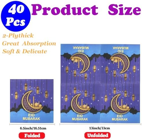 40Pcs Eid Mubarak Ramadan Napkins Eid Mubarak Party Supplies Disposable Paper Napkins Gold Stars Moon for Muslim Kitchen Holiday Party 6.5in(Blue)