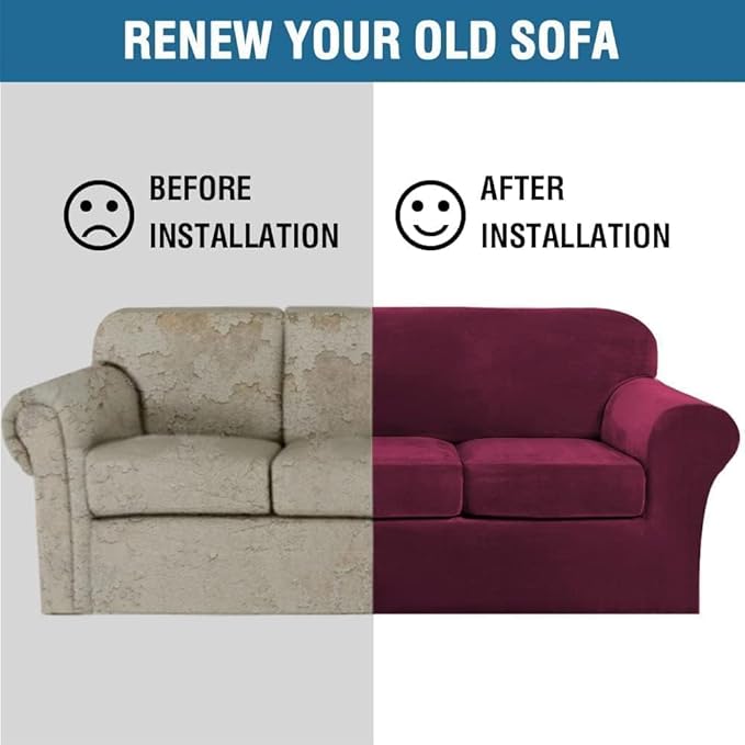 H.VERSAILTEX High Stretch Sofa Slipcover 4 Piece Cover Velvet Furniture Protector Form Fit Thick Velvet Extra Large Sofa Cover for 3 Cushion Couch Width Up to 97 Inch (Large Sofa, Wine/Burgundy)