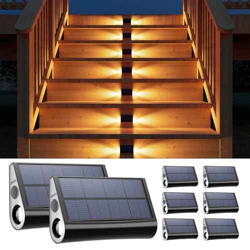 8 Pack Solar Powered Step Lights Outdoor Waterproof LED for Outside Deck Stair Safety Decorative Lamps for Porch, Wall, Fence, Walkway, Yard, Patio, Dual Sided Glow for Enhanced Security Warm White