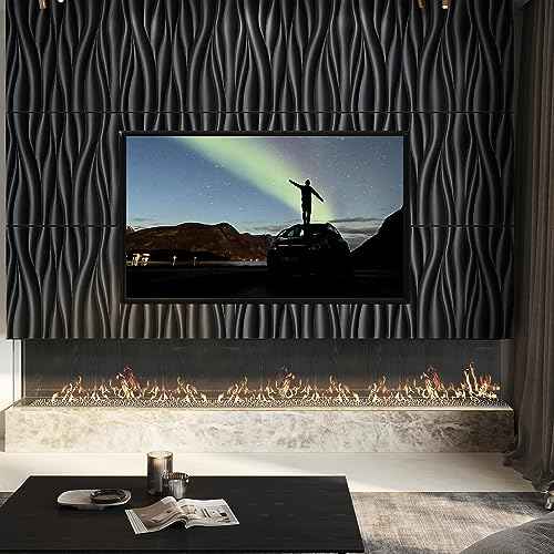 STICKGOO Black 3D Wall Panels, Wave Design Textured PVC Wall Panels, 19.7''x19.7'' Modern Accent Wall Panels for Interior Wall Decor Bedroom Office Living Room