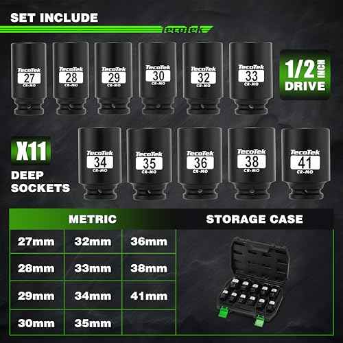 1/2" Drive Deep 6-Point Impact Socket Set, 11-Piece Deep Metric Spindle Axle Nut Impact Socket Set, Cr-Mo, 27mm - 41mm