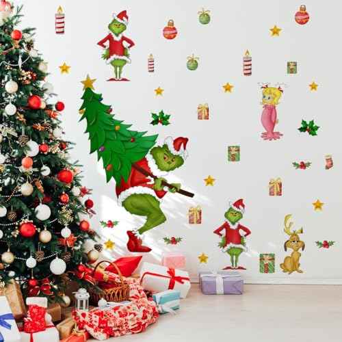 33.85 x 33.18 Inch Christmas Wall Decals Christmas Tree Wall Stickers Removable Christmas Window Decal Sticker Decor for Holiday Living Room Bedroom Decorations