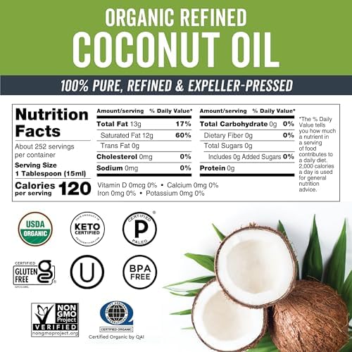 Viva Naturals Refined Coconut Oil - Expeller-Pressed Bulk Organic Coconut Oil for Cooking and Baking with Neutral Flavor & Aroma - USDA Organic Certified Hair Oil and Skin Moisturizer, 128 fl oz (1 Gallon)