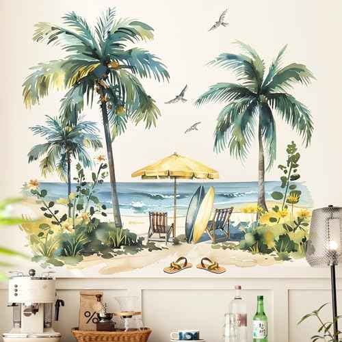 Tropical Palm Tree Wall Stickers Peel and Stick Summer Beach Wall Decals Large Sea Waves Beach Chairs Wall Art Decal for Living Room Bedroom Offiice Sofa TV Background Decor