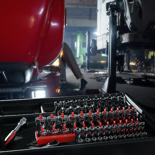 AIRTOON 8-Piece Socket Organizer Trays, SAE and Metric Socket Tray Set, 1/4", 3/8", and 1/2" Drive Deep and Standard Socket Holders Organizers for Toolbox, Black & Red