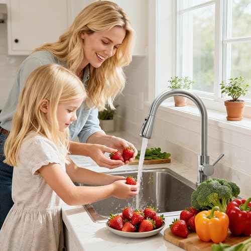 Kitchen Faucet with Soap Dispenser, 3 Modes Stainless Steel Kitchen Sink Faucet with Pull Down Sprayer, Brushed Nickel Single Handle High Arc Mixer Taps for Bar Laundry Camper RV