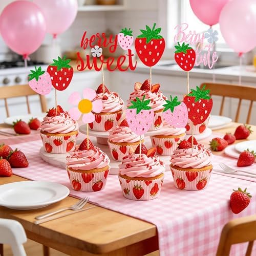 12Pcs Strawberry Baby Shower Glitter Cupcake Toppers Berry Sweet Baby Shower DecorationsStrawberry Fruit Cake & Dessert Topper Set For Baby Shower