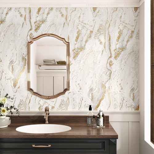 Wallercity Matte Beige/Gold Marble Contact Paper for Countertops Vinyl Waterproof Peel and Stick Wallpaper for Cabinet Backsplashes Self Adhesive Countertop Wall Paper 15.8''x78.7'' Granite Wrap Cover