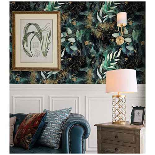 HAOKHOME Peel and Stick Wallpaper Boho Forest Vintage Removable Black/Green/Matte Gold Vinyl Self Adhesive Mural for Bedroom 17.7in x 6.5ft