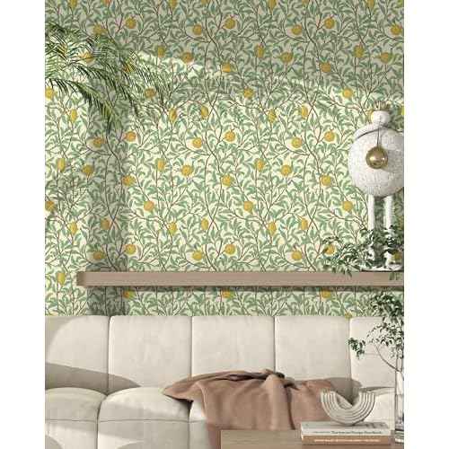 Lemon Wallpaper Leaf Peel and Stick Wallpaper Beige and Green 17.3"X78.8" Self Adhesive Wall Paper Removable Decorative Wallpapers Boho Contact Paper for Bedroom Bathroom Cabinets Decor Vinyl Roll