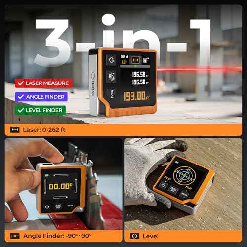 Laser Measuring Tool, 262ft Laser Measure with Digital Angle Finder & Level, Rechargeable Laser Measurement Tool with 2.4'' Color Backlit Display, 6 Units Ft/in/M, Length/Area/Volume/Pythagorean Mode