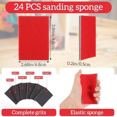 24 Pcs 320-2500 Fine Grit Sandpaper, Ultra Fine Sanding Sponges Pads, Wet Sanding Block, Sand Paper for Wood Furniture, Drywall Sandpaper, Soft Foam Sand Block Model Metal Furniture Polishing