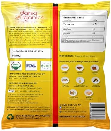 Darsa Organics Whole Green Moong (Mung) Bean Lentils 2 lb – USDA Organic, Non-GMO, Kosher, Gluten-Free | Protein & Fiber Rich | Perfect for Sprouting, Soups & Salads