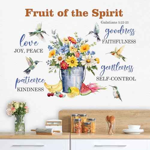 Yovkky Fruit of The Spirit Spring Flower Birds Inspirational Wall Decals Stickers, Motivational Quote Hummingbird Daisy Floral Home Bedroom Decor, Positive Bucket Living Room Kitchen Decorations