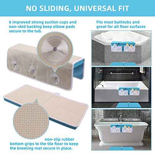 Bath Kneeler and Elbow Rest Set Thick Baby Bath Kneeling Pad Bathing Kneeling Mat Cushion Washable Padded Bathtub Knee Saver with Arm Support and Pockets Organizer for Bathroom Bathtime Comfort, Blue