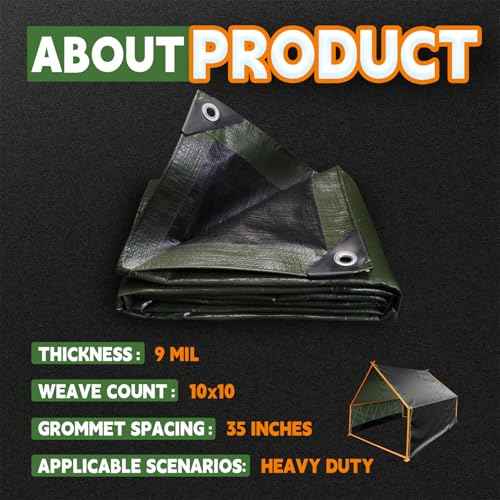 RAINDEWAY Tarps 8x10 Feet£¨5 Pack£©,Tarp Waterproof,9Mil Thick Finished Size, Multipurpose Poly Tarp Cover with Metal Grommets and Reinforced Edges,Green/Black Tarpaulin
