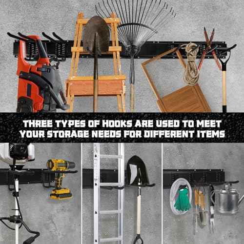 11Pcs Garage Wall Mount Tool Storage Rack - Adjustable Garden Tool Storage Hooks, Heavy Duty Utility Shed Organization Rack for Hanging Rake, Broom, Mower, Snowboard and Other Yard Tool