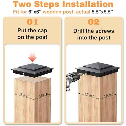 10-Pack Aluminum 6x6 Post Caps for Deck Railing(Actual 5.5" x 5.5"), Fence Post Caps with Screws, Black Pyramid Deck Posts Cap for Wooden Rail, Waterproof Metal Deck Cover for Mailbox