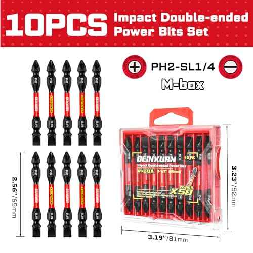 10Pcs SL1/4-PH2 Impact Double End Screwdriver Bit Set, 2.56 in. #2 Phillips/Power Driver Bits, Magnetic S2 Steel Two Sides Screwdriver Bits Set with Storage M-Box