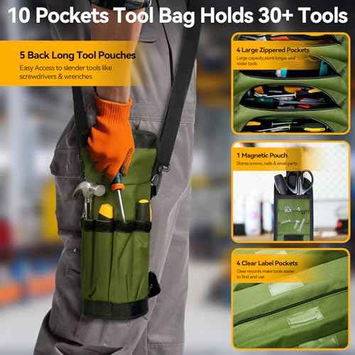 Roll Up Tool Bag Organizer 10 Pocket Tool Roll Heavy Duty Electrician Tool Bag for Men Dad Handyman Magnetic Wristband Mechanic Tool Storage Bag Rollup Pouch Car Tool Carrier Plumber Gadget Bag Green