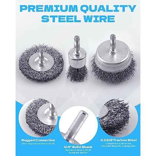 Rocaris 7-Pack Carbon Steel Wire Wheel Brush Set - Cup, Wheel, Pen Brushes with 1/4-Inch Round Shank for Rust Removal, Corrosion and Scrubbing Surfaces