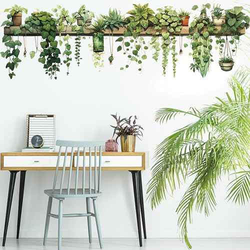 Nature Green Plants Peel and Stick Wall Decals Wallpaper, Removable Wall Decals Shelves Green Plants Vinyl Art Wall Stickers & Murals for Living Room Kitchen Bathroom Decoration (A-Green)