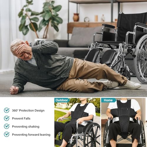 Wheelchair Seatbelt with Pocket Wheelchair Seat Belts for Adults Anti-Slip & Adjustable Wheelchair Accessories Safety Belt for Seniors Elderly, Patients, Anti-Fall Wheelchair Harness Vest